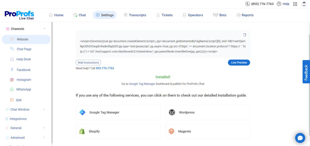 ProProfs Live Chat Installation Final Step