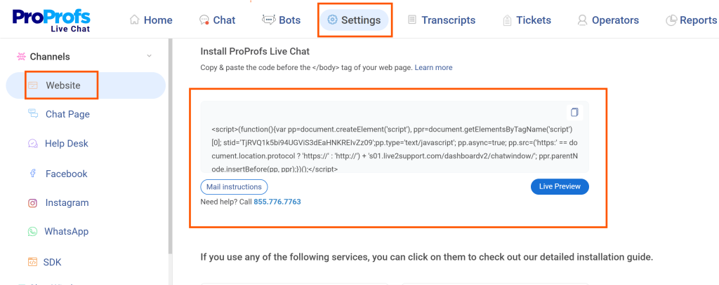ProProfs Live Chat Installation Step1