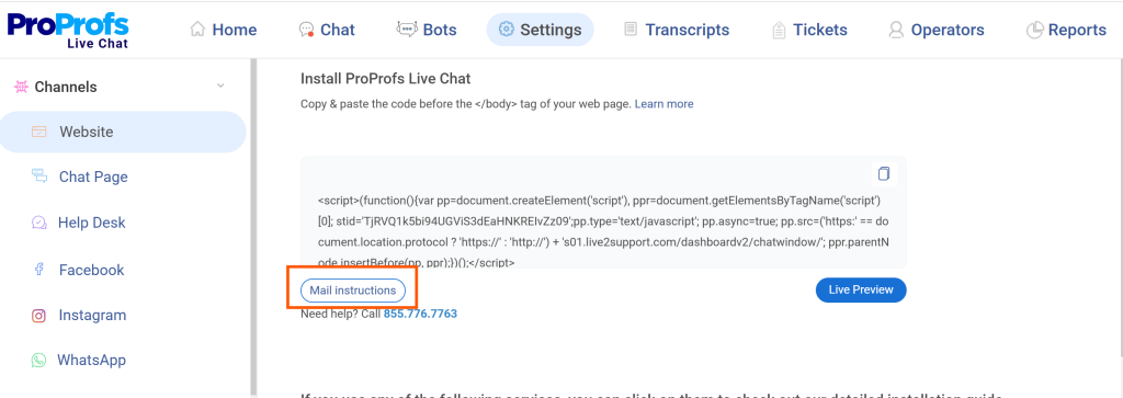 ProProfs Live chat Installation Step 2