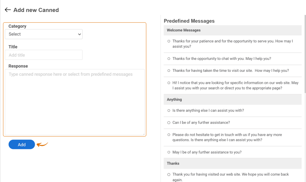 ProProfs live chat Canned Response