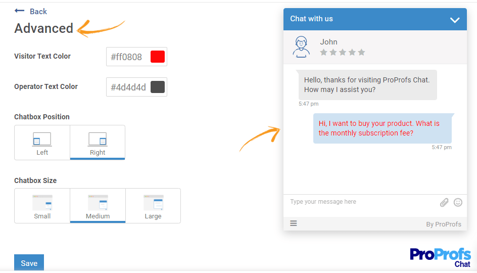 advanced customization options inside proprofschat