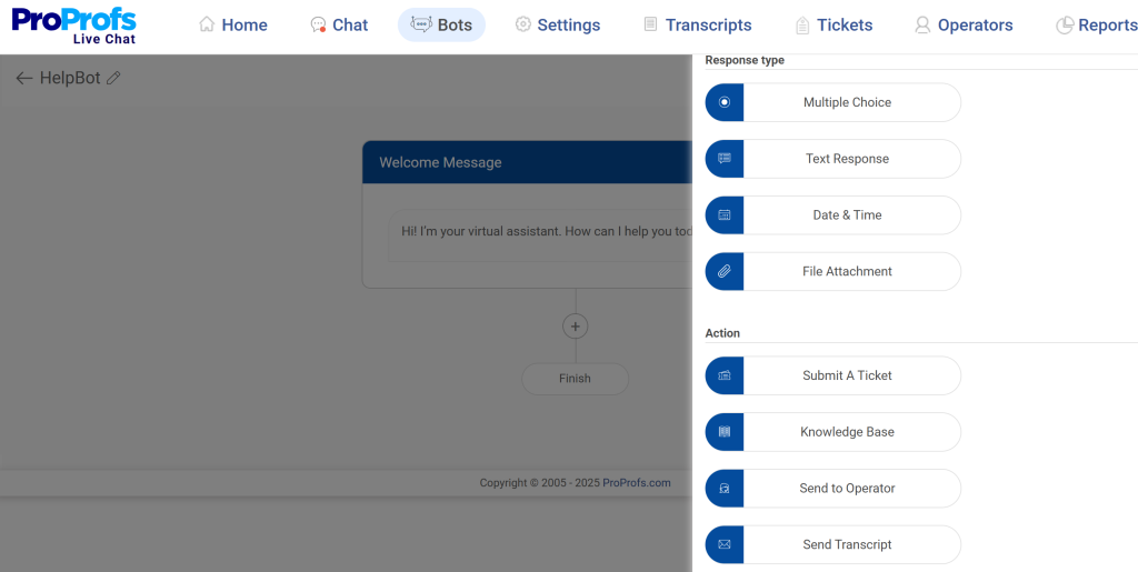 ProProfs Chat Interfaction panel