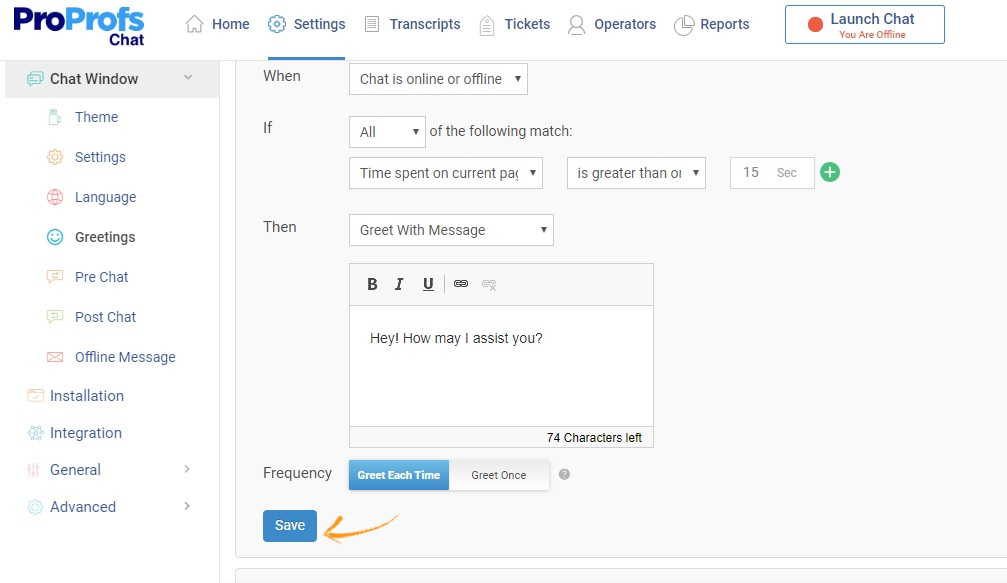 Set up live chat greetings