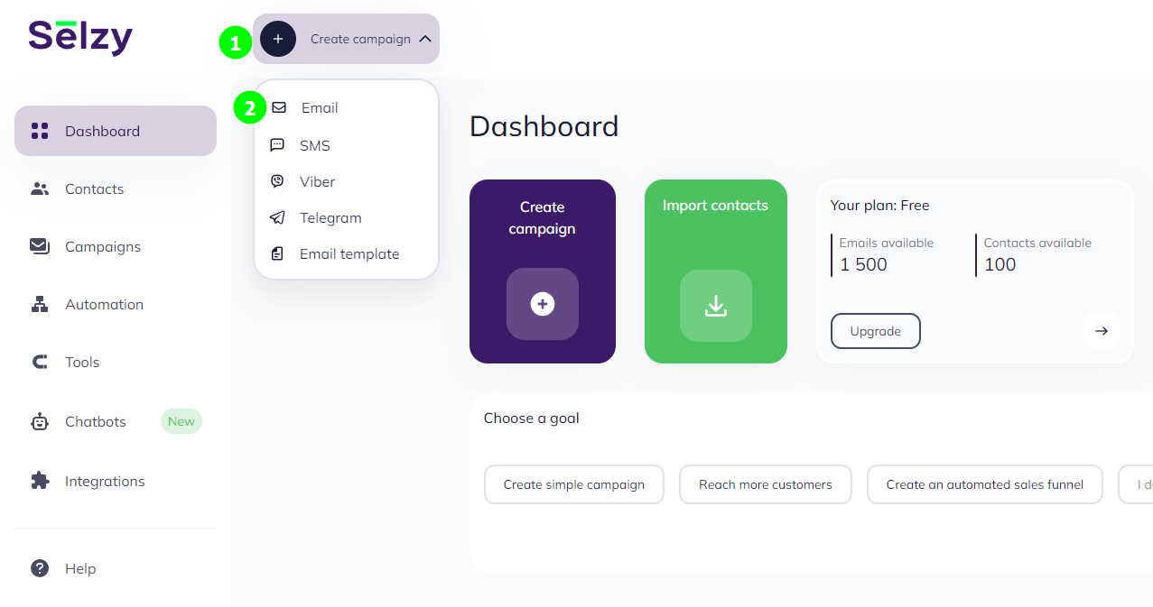 Selzy free chatbot interface