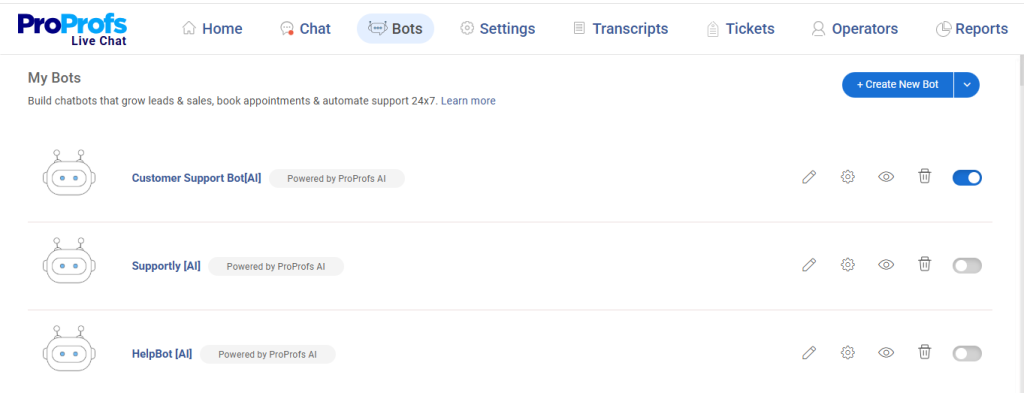 ProProfs Chatbot Dashboard